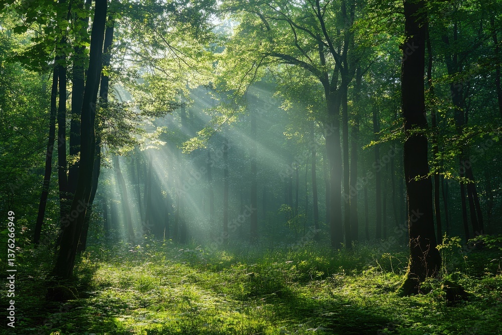 Fototapeta premium lush green forest with sunlight filtering through trees peaceful atmosphere