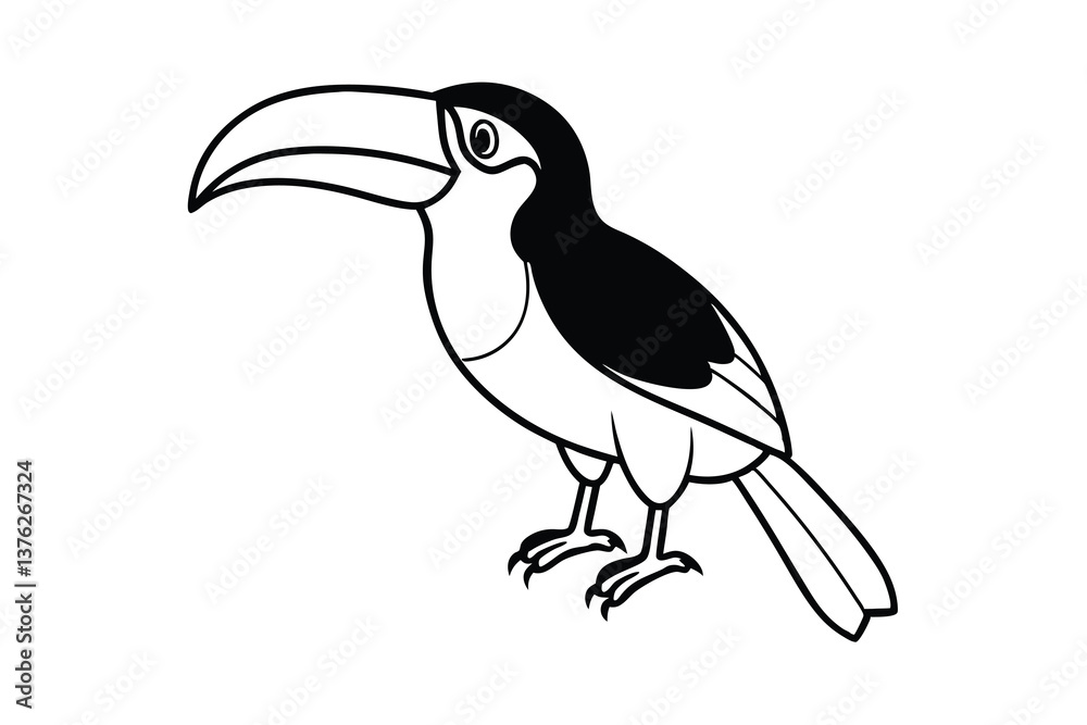 Obraz premium Black and White Toucan Illustration Bird, Tropical, Animal, Nature, Wildlife, Cartoon, Drawing, Sket