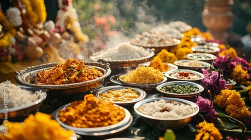 Close up of delicious vegetarian thali served during Rath Yatra celebration for devotees in India with vibrant dishes and offerings