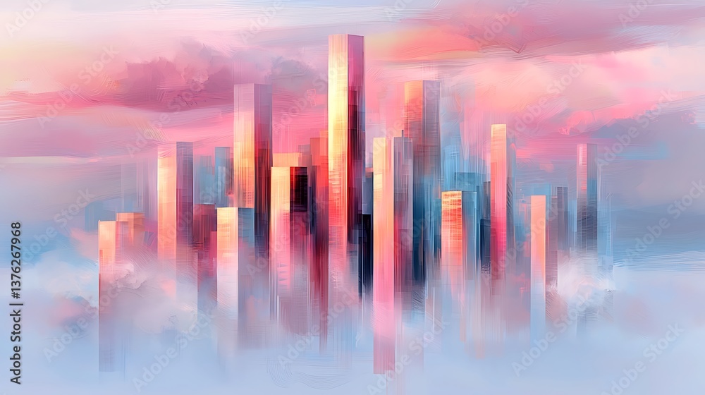 Fototapeta premium Surreal cityscape sunrise futuristic urban environment digital art dreamlike atmosphere high-angle view