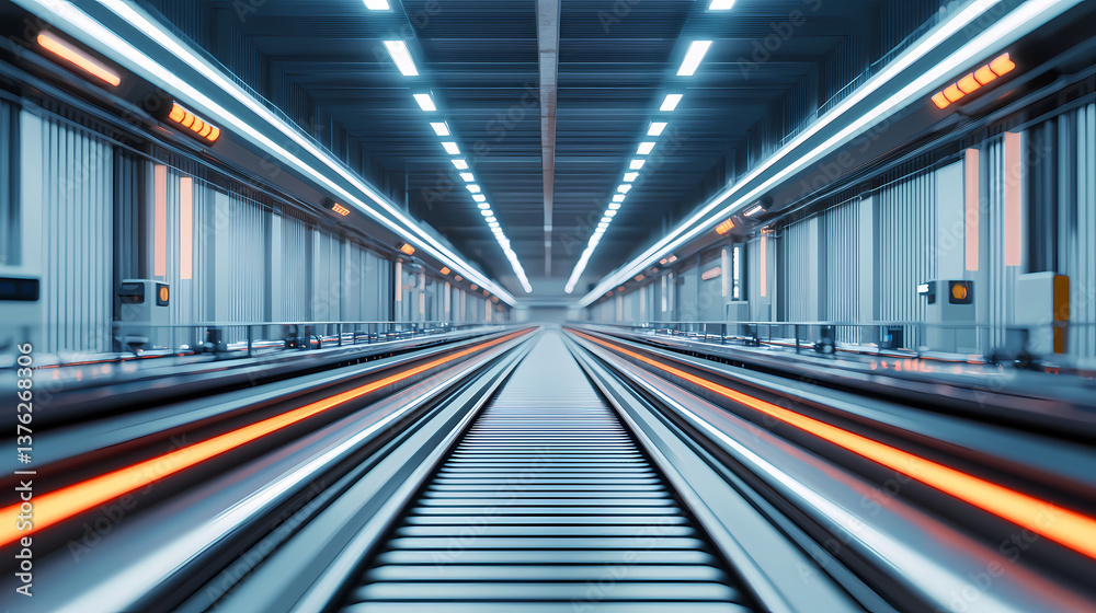 Fototapeta premium A futuristic train station interior with illuminated tracks, emphasizing speed and modern design, creating a sense of motion and technology.