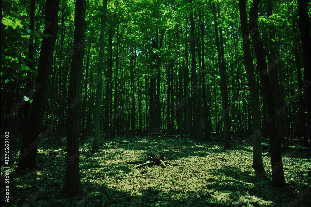 Obraz premium Serene deciduous forest scene, dappled sunlight filtering through lush green canopy, fallen leaves carpet the forest floor.