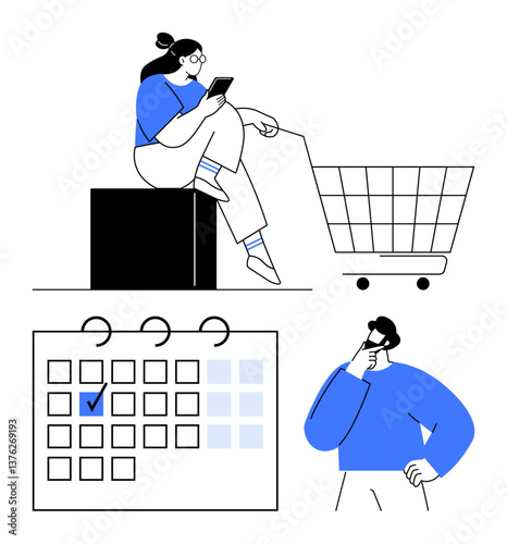 Woman using smartphone near cart, scheduler calendar with marked date, man thinking. Ideal for e-commerce, planning, organization, customer journey, mobile app, task management flat simple metaphor