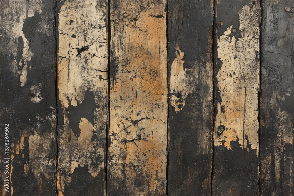 Obraz premium A series of wooden planks with a distressed, gritty texture, covered in deep cracks and peeling paint. The surface appears rough and aged, capturing the essence of industrial, worn-down wood.