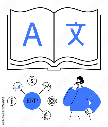 Open book with multilingual characters, ERP system hub diagram, thoughtful businessman. Ideal for language learning, software development, business decision-making, globalization, technology