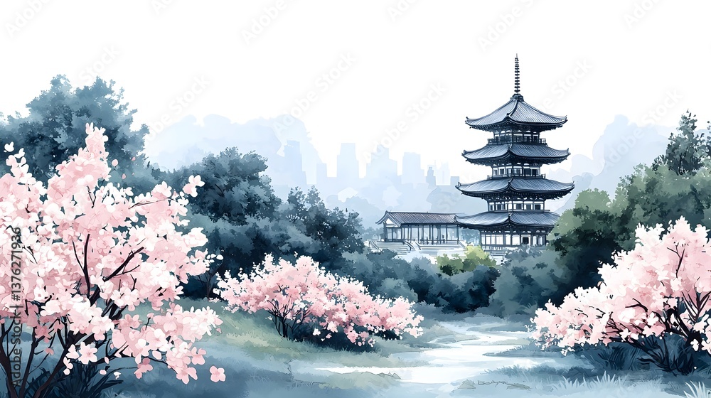 Obraz premium Tranquil Japanese garden with pagoda and cherry blossoms