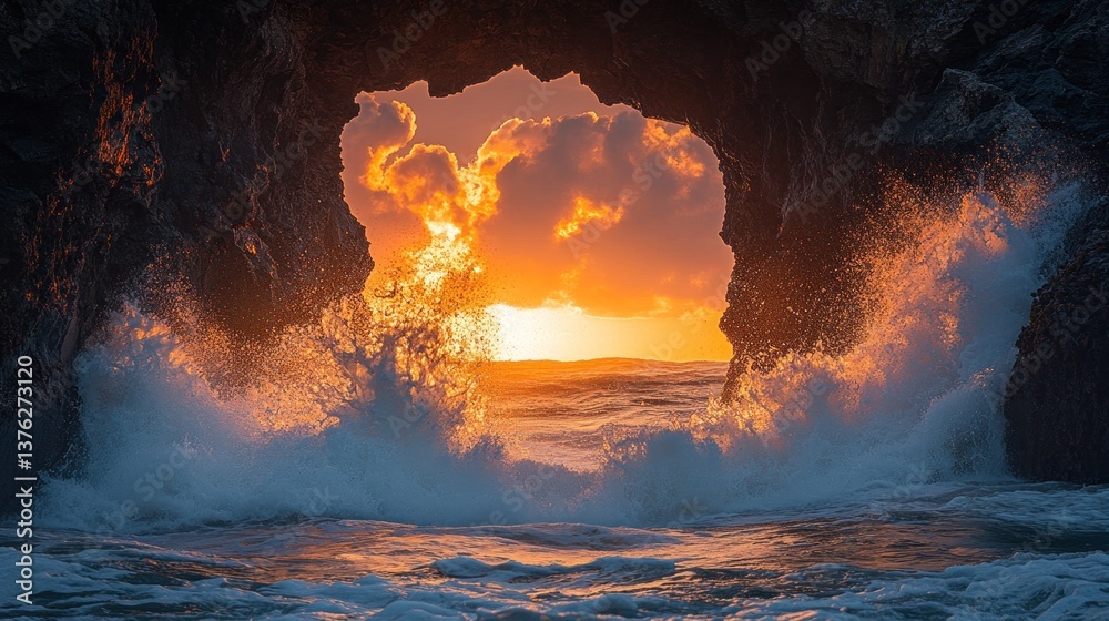 Ocean waves crashing through a sea cave at sunset. Ocean waves crashing through a sea cave at sunset.