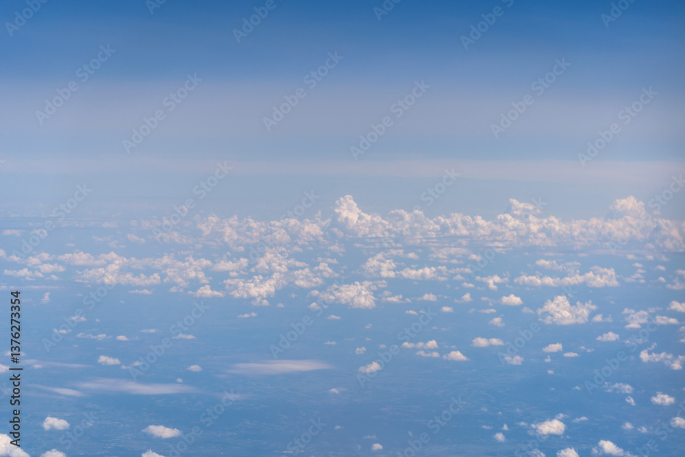 Naklejka premium Blue Sky with White Clouds, Flying above Sunny Cloudy Sky Texture Pattern, Fluffy Clouds Plane View