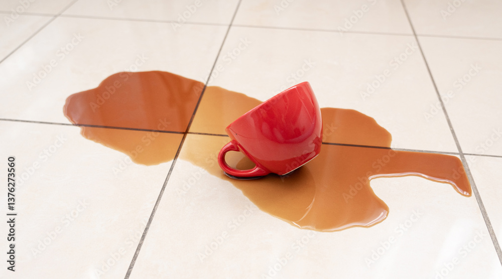 Spilled coffee, coffe puddle stain on tiled floor, messy leak with fallen cup, brown drink spillage