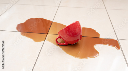 Obraz na płótnie Spilled coffee, coffe puddle stain on tiled floor, messy leak with fallen cup, brown drink spillage w salonie