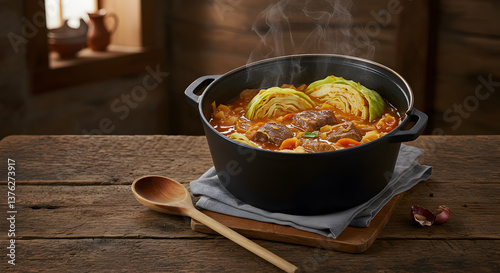 Hearty Norwegian F?rik?l: A Traditional Lamb and Cabbage Stew Ready to Serve