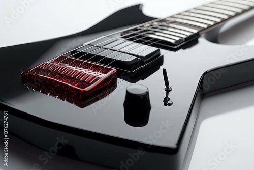 A black electric guitar and its detail on white background