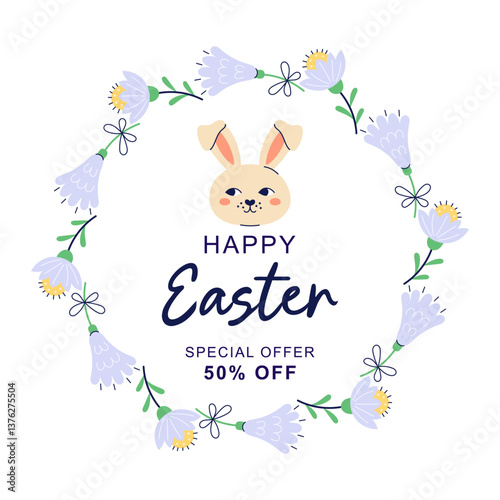 Happy Easter Round banner with hare and flower frame. Design with text for discount. Happy Easter hand drawn card. Flat illustration with partial outline. Vector illustration.