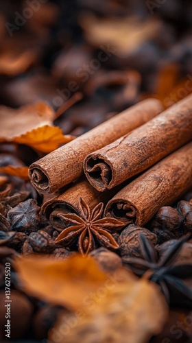 a close-up of autumn spices like cinnamon sticks and anis stars lying on the ground