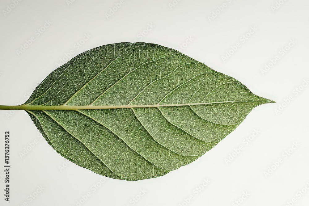 Obraz premium A close up photograph displays a green leaf on a white surface