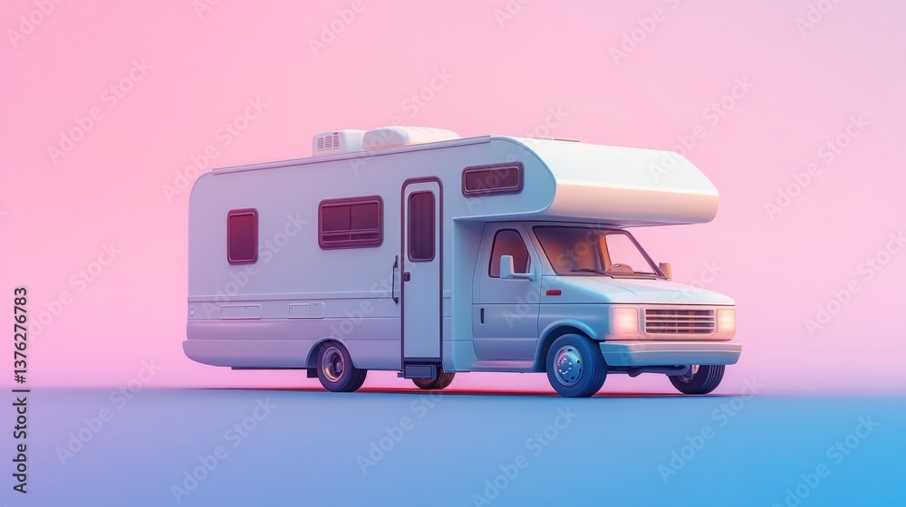 Naklejka premium A modern RV in a vibrant pastel setting, showcasing sleek lines and a stylish design, perfect for travel and adventure.