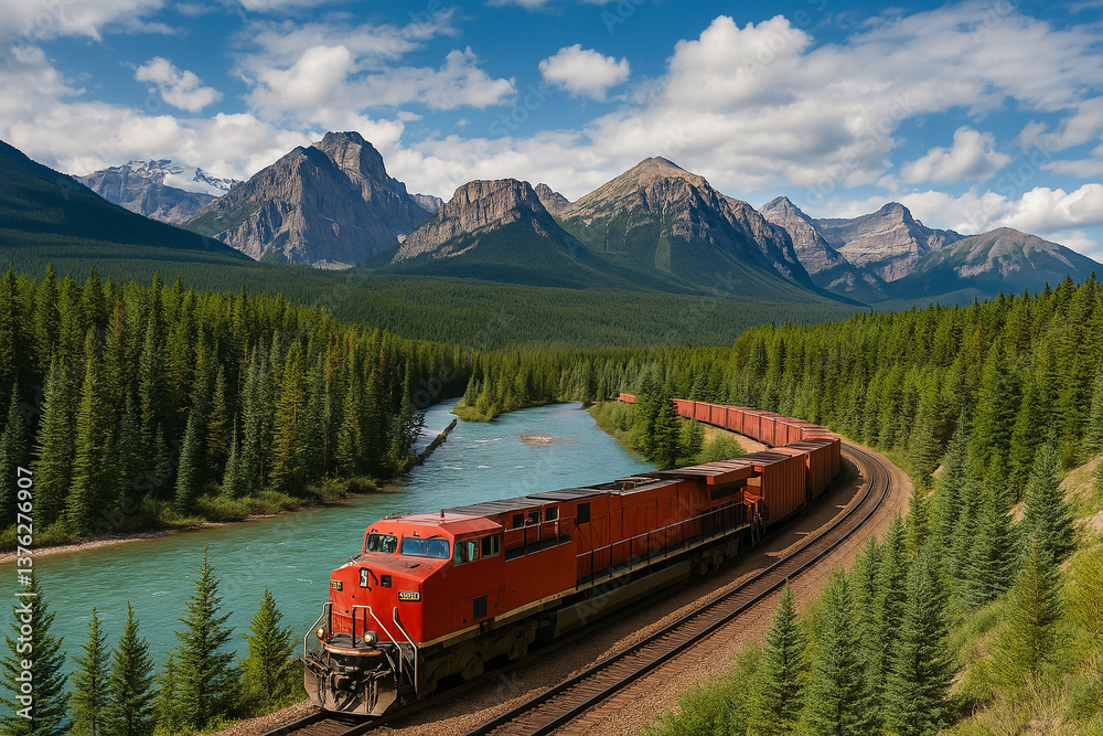 Red Freight Train Traveling Through the Canadian Rockies Along a River Bend