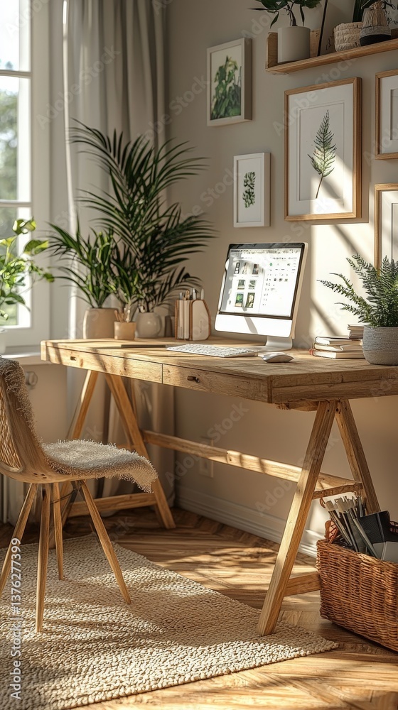 Obraz premium a scandinavian style home office with a simple wooden desk