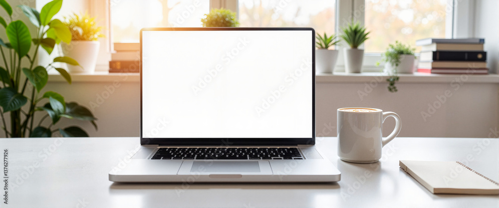 Fototapeta premium Open laptop and coffee cup on minimalist desk, focused productivity