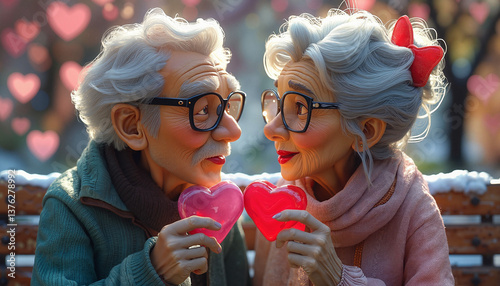 Valentine's Day card with elderly couple, touching elderly couple, realistic 3D style painting 