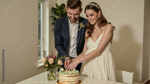 A bride and groom are cutting a wedding cake together. The bride is wearing a white dress and the groom is wearing a suit. The cake is placed on a table in front of them