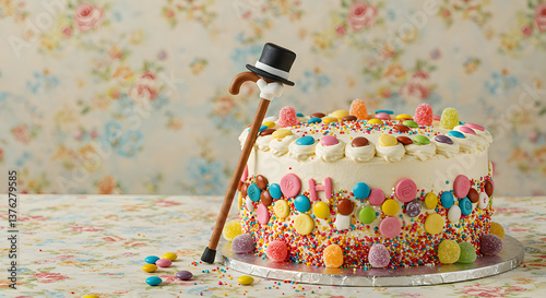 Humorous over-the-hill birthday cake with cane topper for milestone celebration