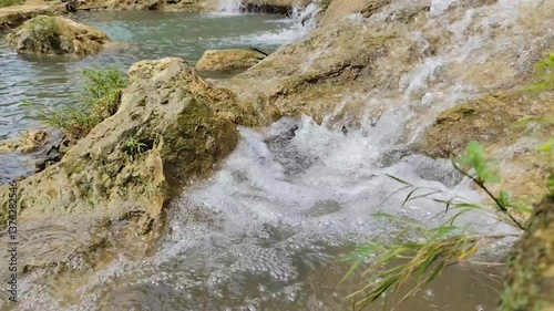 Serene Waterfall Scenery: Close-Up View of Water Cascading Over Rocks in Natural Environment