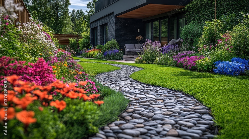 Obraz premium Vibrant garden pathway lined with colorful flowers leading to a modern home in a serene setting