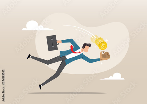 A businessman jumping to catch a golden money coin with a baseball catcher's glove