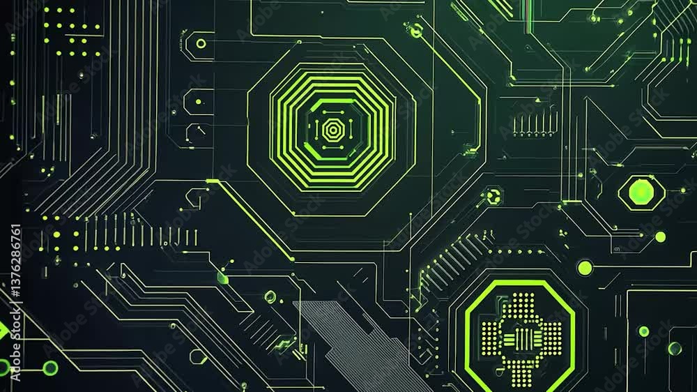 Futuristic circuit board design with glowing green lines and patterns