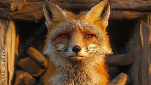 Red fox portrait at sunset, near wooden logs.