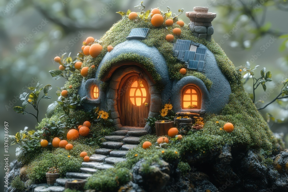 Fototapeta premium Enchanting miniature house nestled on a mossy hill, glowing warmly