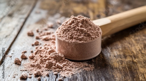 Scoop of Chocolate Protein Powder on a Wooden Surface