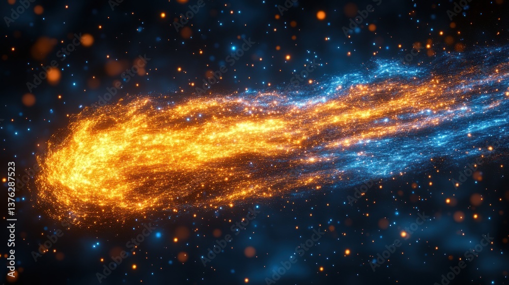 Fototapeta premium Fiery comet with orange and blue trails streaking across a dark, starry night sky.