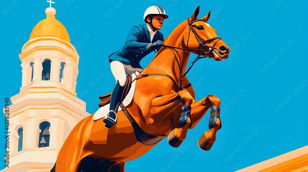 Equestrian rider jumping over obstacle on horse Equestrian rider jumping over obstacle on horse