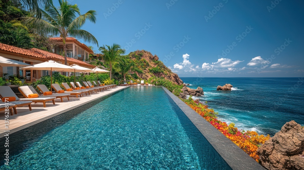 Fototapeta premium Infinity pool overlooking ocean, luxury resort.