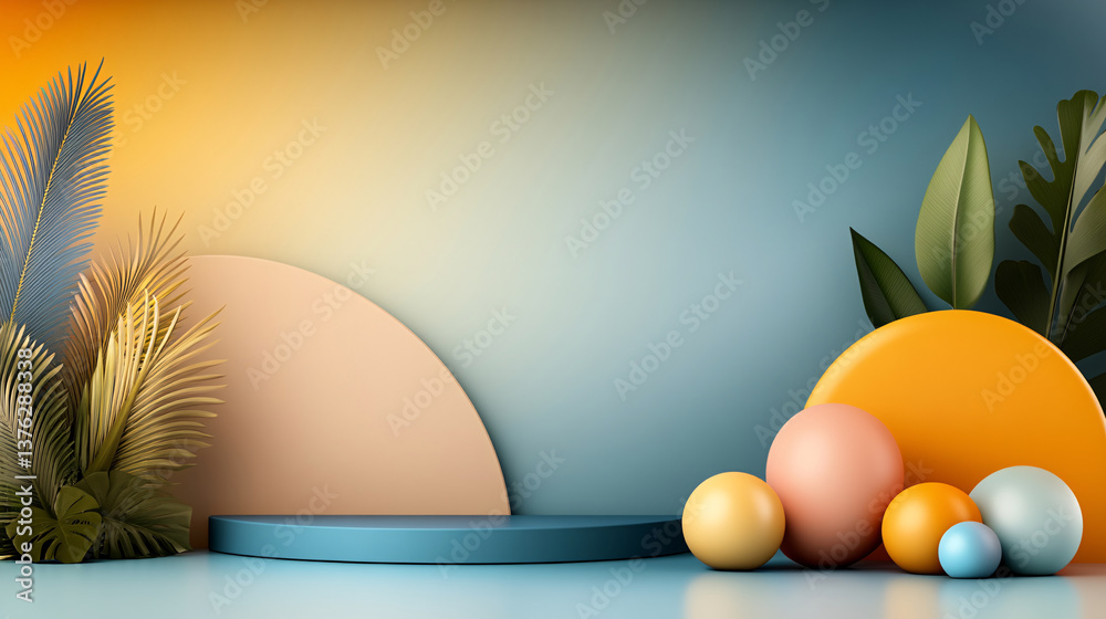 Fototapeta premium vibrant abstract composition featuring geometric shapes and tropical leaves, with gradient background blending warm and cool tones. scene evokes sense of modern elegance