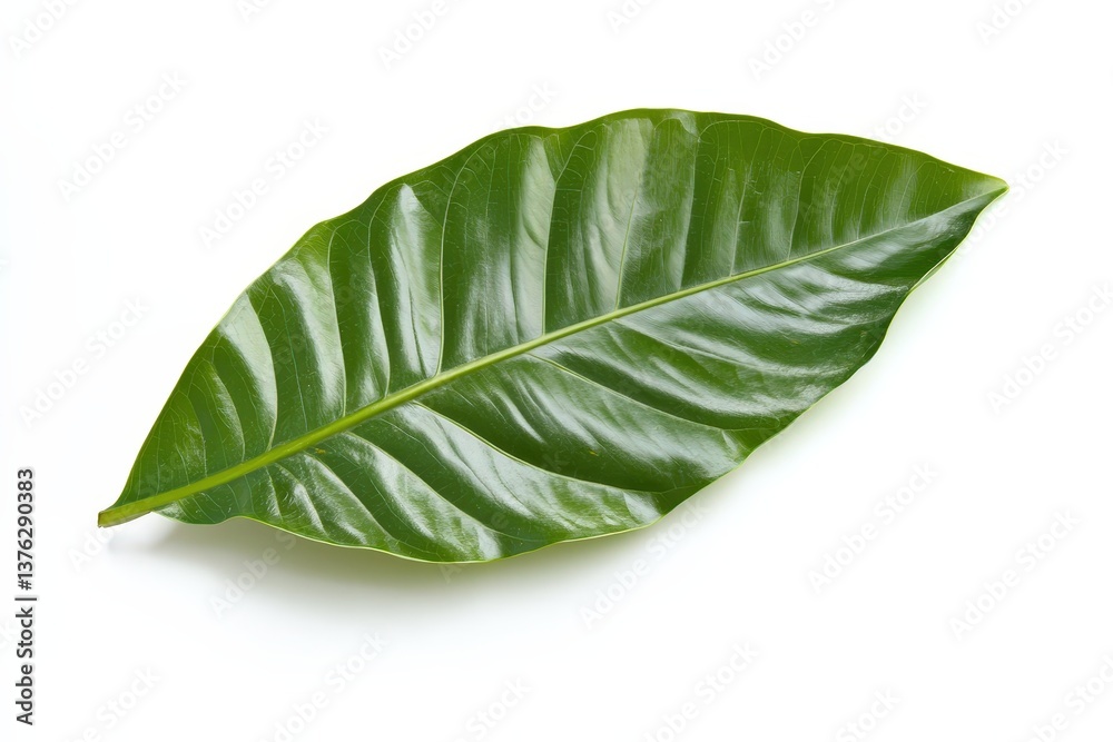 Fototapeta premium A single glossy green leaf resting on a white surface