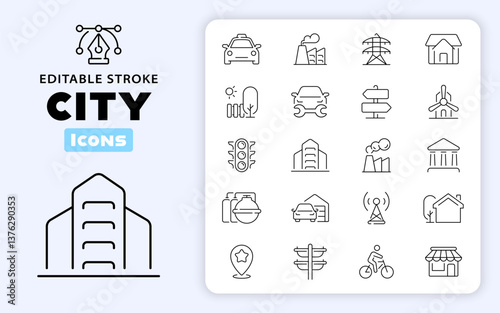 Urban infrastructure vector outline icon set. Urban development symbols