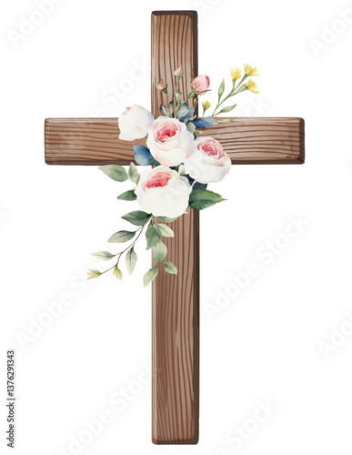 Watercolor vector cross with white roses and leaves. Oriental Catholic symbol. Easter, mourning, religious design elements, eucharisma, church festival.