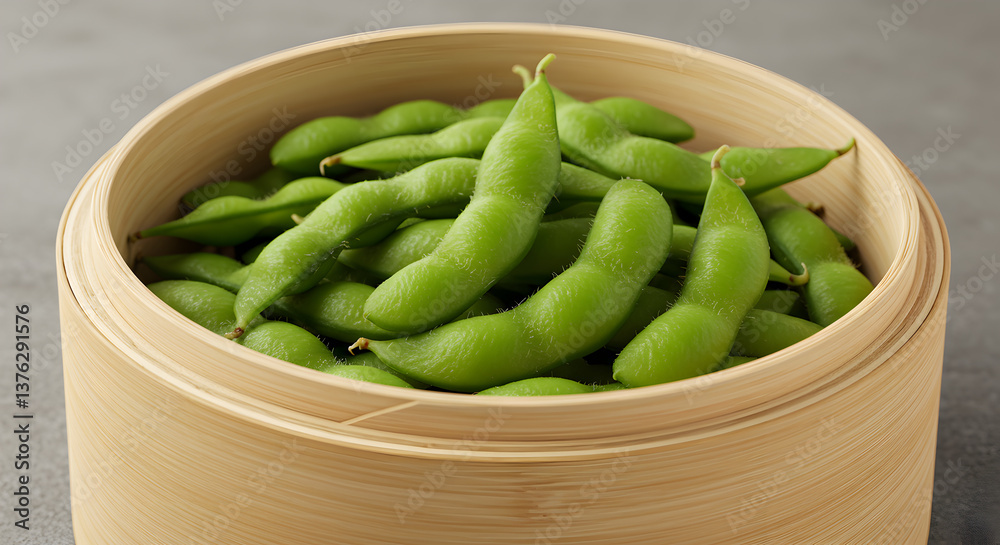 Freshly steamed edamame pods presented in a traditional bamboo steamer basket Freshly steamed edamame pods presented in a traditional bamboo steamer basket