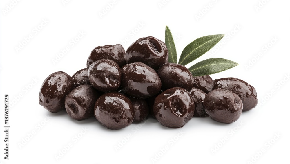 Dark Chocolate Covered Olives.  A pile of dark, chocolate-covered olives, glossy and rich, sits on a white background. Fresh green leaves sit atop the olives