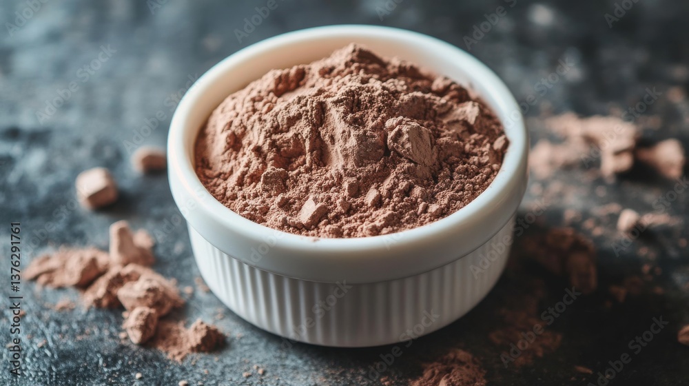 Chocolate Protein Powder in a White Ceramic Dish Chocolate Protein Powder in a White Ceramic Dish