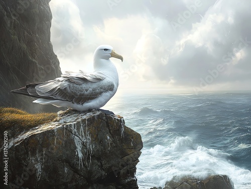 Obraz na płótnie Albatross Sitting on Cliff Overlooking Ocean Waves Under Cloudy Sky w salonie