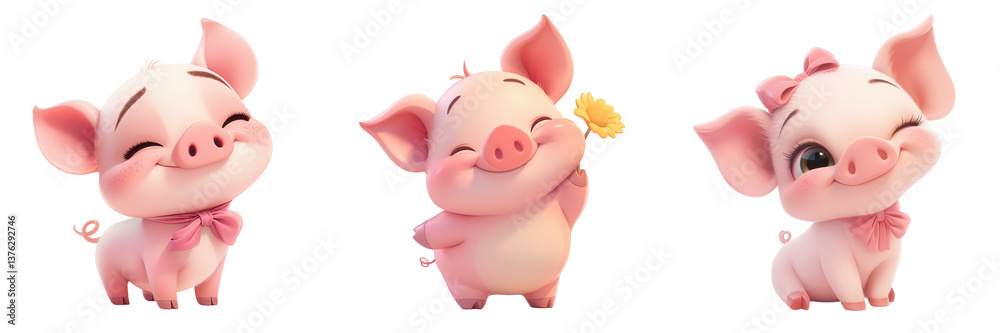 Cute Cartoon Pig Characters with Bow Ties and Floral Elements Isolated on a Transparent Background Cute Cartoon Pig Characters with Bow Ties and Floral Elements Isolated on a Transparent Background