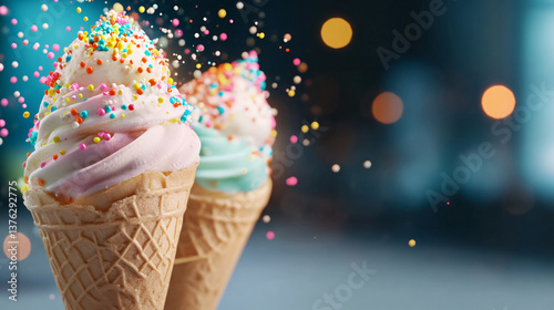 Two colorful ice cream cones with sprinkles are set against blurred background, creating festive and joyful atmosphere. vibrant sprinkles add playful touch to creamy swirls