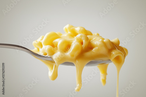 A spoonful of rich, creamy mac and cheese, with a luscious, melted cheese sauce dripping from the spoon on white background.