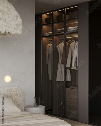 Fototapeta Naklejka Na Ścianę i Meble -  3d rendering minimal scandinavian wood walk in glass closet with wardrobe 