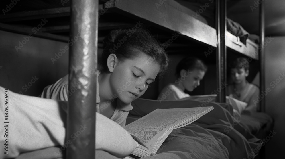 Obraz premium Child reading books in a shared bunk bed room.