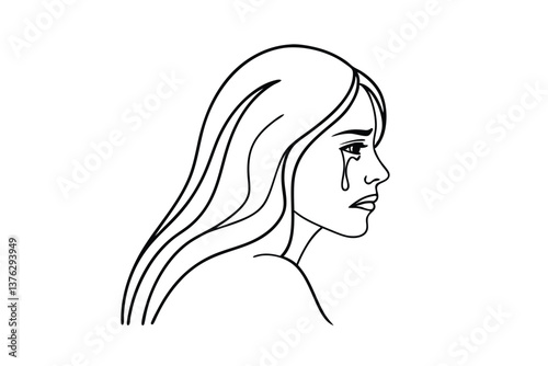 Line art drawing of a weeping woman, sadness, sorrow, grief, tears